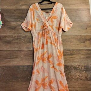 Spiaggia Orange Cream and Pink V-Neck Short Sleeve Maxi Sundress